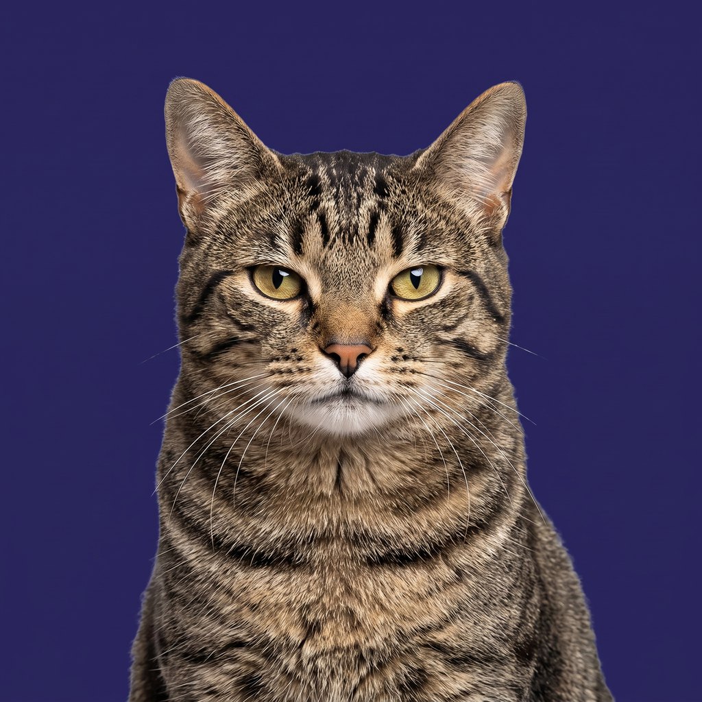 GATO, a large brown tabby cat, staring straight at you.